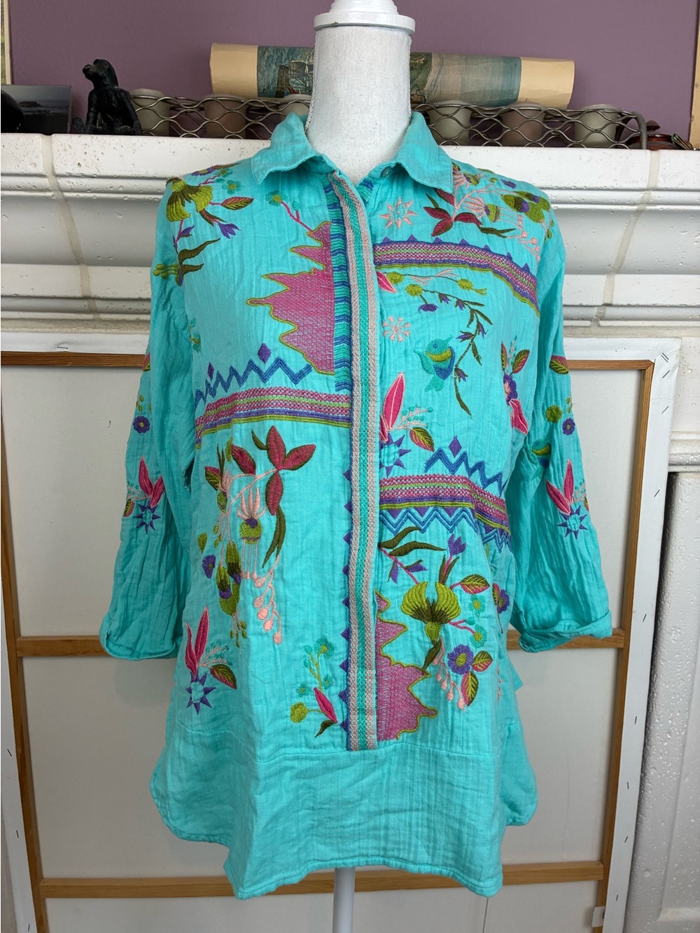 APNY Vintage Colorful Whimsical Embroidered Cotton Tunic Top , buttons hidden